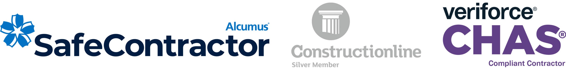 Safe Contractor Alcumus, Constructionline Silver Member, Veriforce CHAS Compliant Contractor