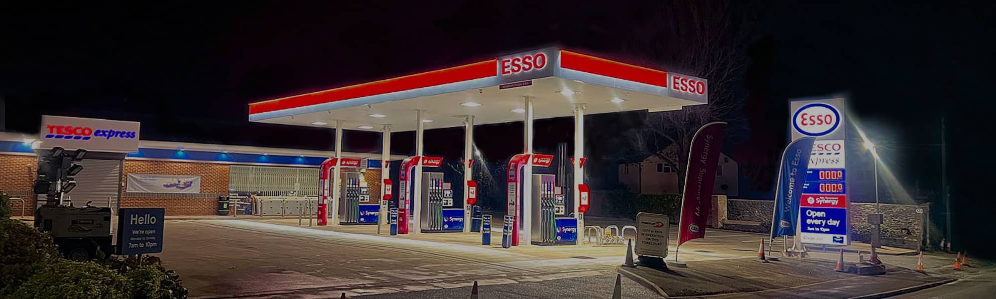 Esso fuelling station at night